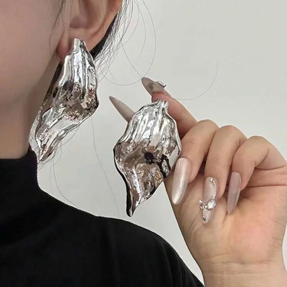 2/$30🌵 Large Silver Leaf Metal Earrings Statement Tree Nature Boho Jewelry NEW
